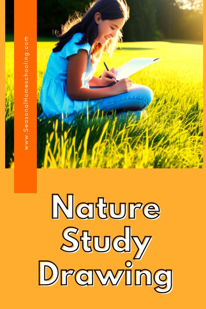 girl drawing in field with Nature Study Drawing text overlay