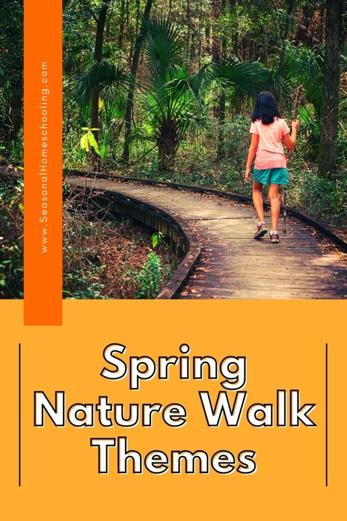 child walking on board walk with Spring Nature Walk Themes text overlay