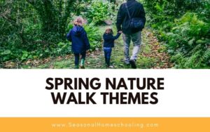 adult and children walking path in woods with Spring Nature Walk Themes text overlay