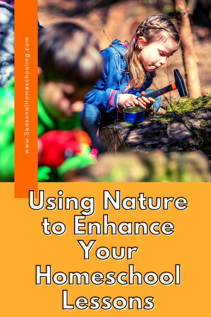 kids looking at something closely outside with Using Nature to Enhance Your Homeschool Lessons text overlay