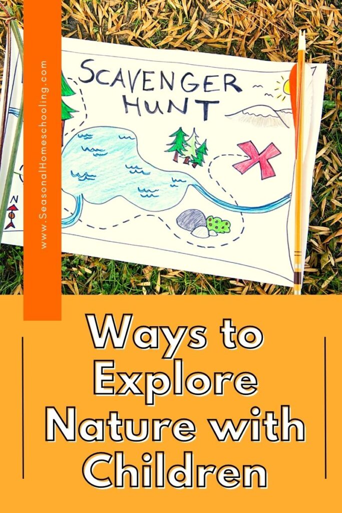 drawing of scavenger hunt in grass with Ways to Explore Nature with Children text overlay