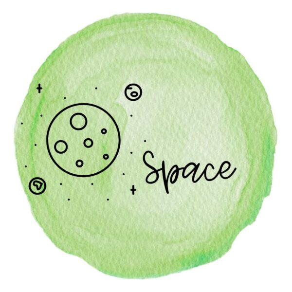 green watercolor circle with a planet and stars outlines and "space" on it