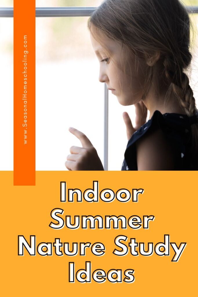 child looking out the window with Indoor Summer Nature Study Ideas text overlay