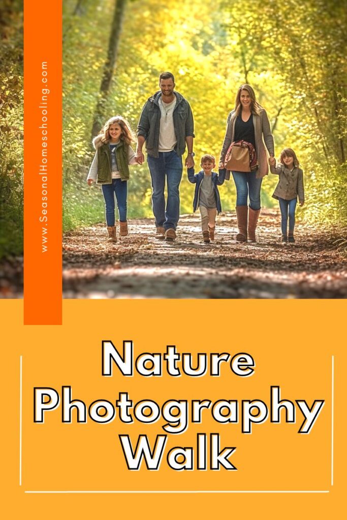 family walking a trail in woods with Nature Photography Walk text overlay