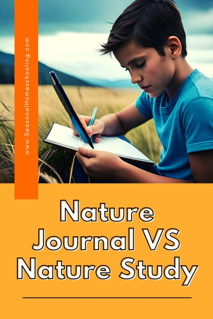 child sitting outside writing or drawing on paper with Nature Journal VS Nature Study text overlay