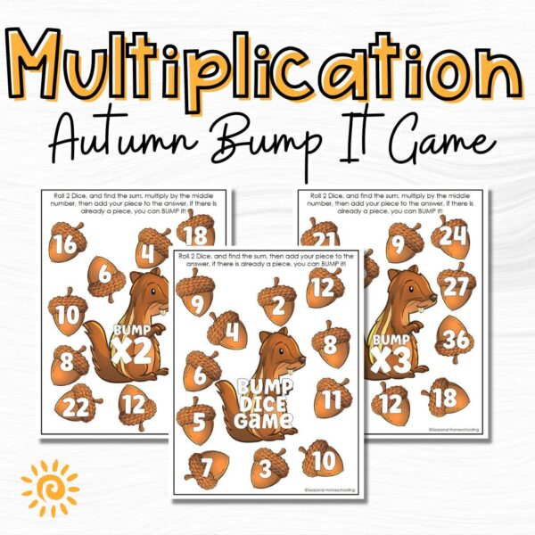 Squirrel Autumn Bump Dice Game with Multiplication Up to 12 sample pages