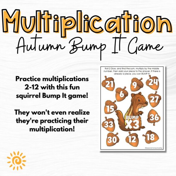 Squirrel Autumn Bump Dice Game with Multiplication Up to 12 sample page