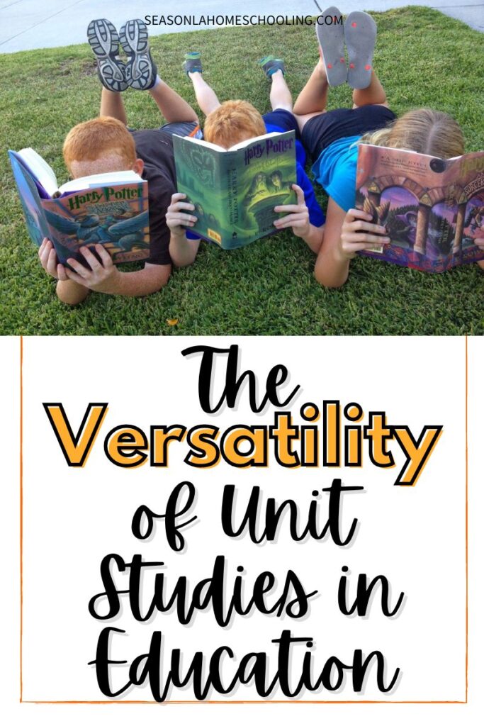 3 kids laying on their stomachs in the grass reading Harry Potter books The Versatility of Unit Studies in Education text overlay