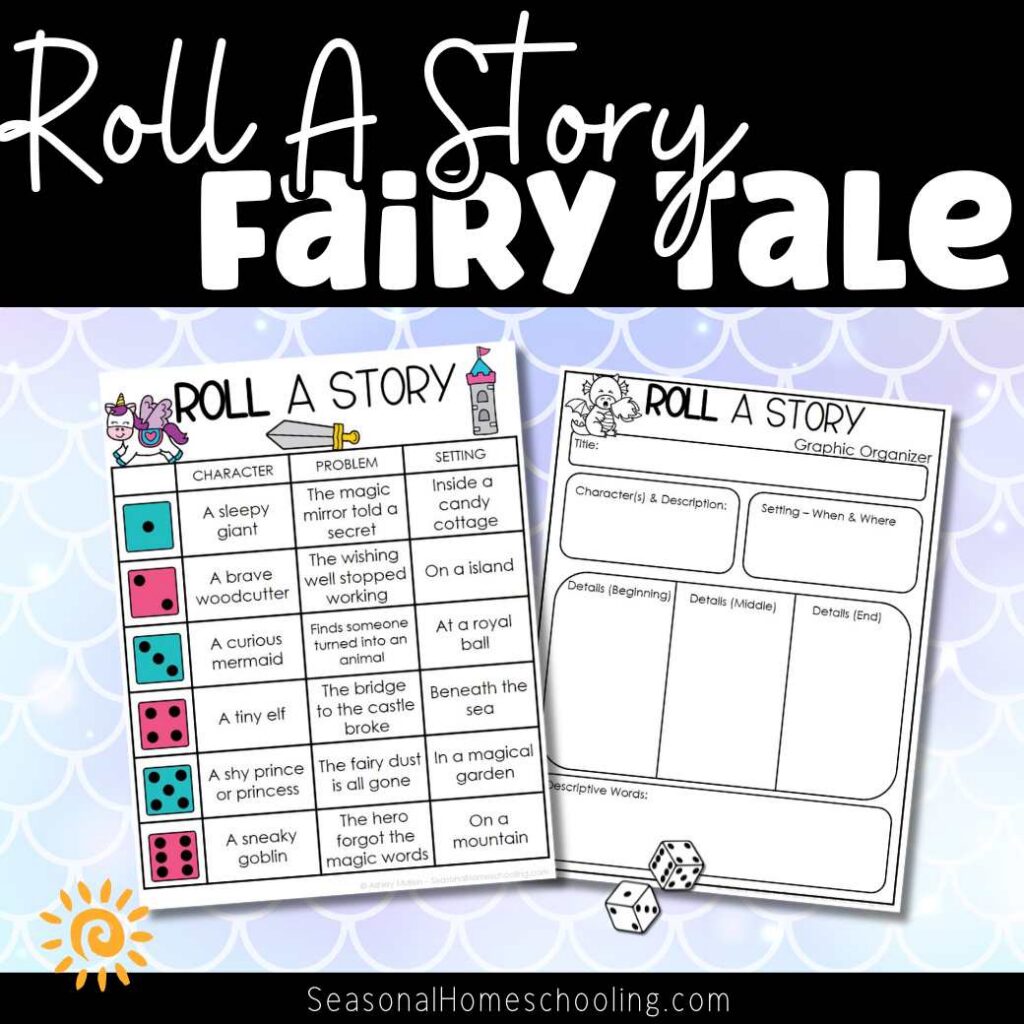 sampling of what is included in the Fairy Tale Roll A Story | Story Elements Graphic Organizer