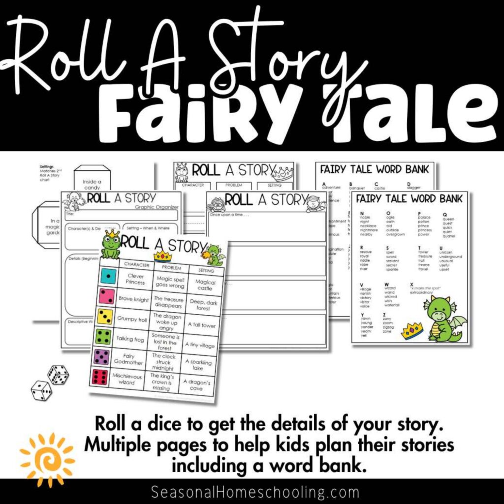 sampling of what is included in the Fairy Tale Roll A Story | Story Elements Graphic Organizer set