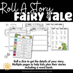 sampling of what is included in the Fairy Tale Roll A Story | Story Elements Graphic Organizer set