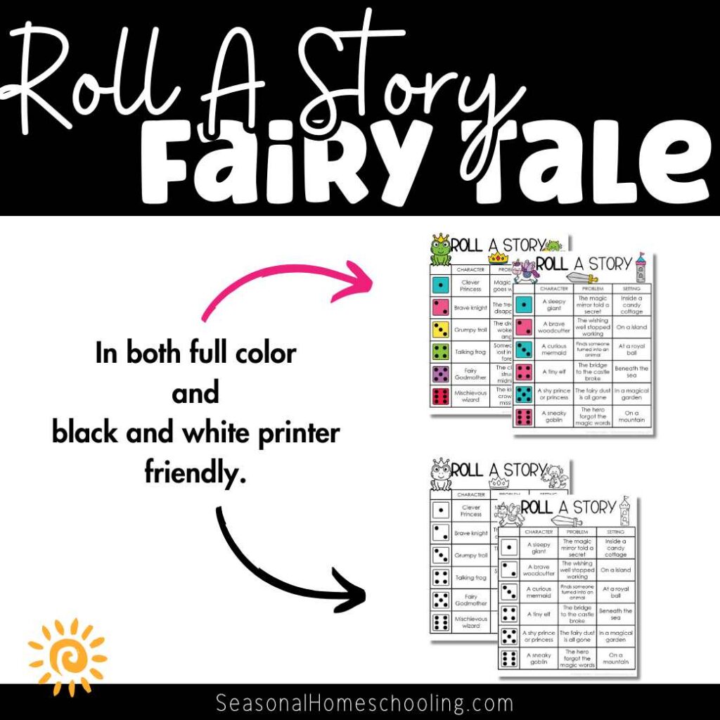 sampling of what is included in the Fairy Tale Roll A Story | Story Elements Graphic Organizer