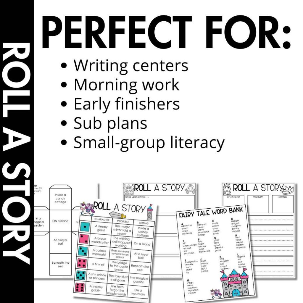 sampling of what is included in the Fairy Tale Roll A Story | Story Elements Graphic Organizer