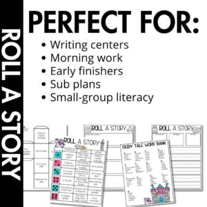 sampling of what is included in the Fairy Tale Roll A Story | Story Elements Graphic Organizer