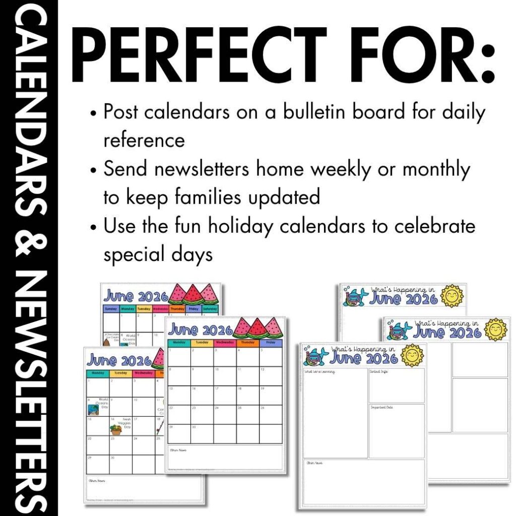 Editable June Calendars & Classroom Newsletters Grades K–2 | Fun Holidays